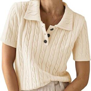 Y2K Cable Knit Polo Sweater – White Short Sleeve V-Neck Top (M)